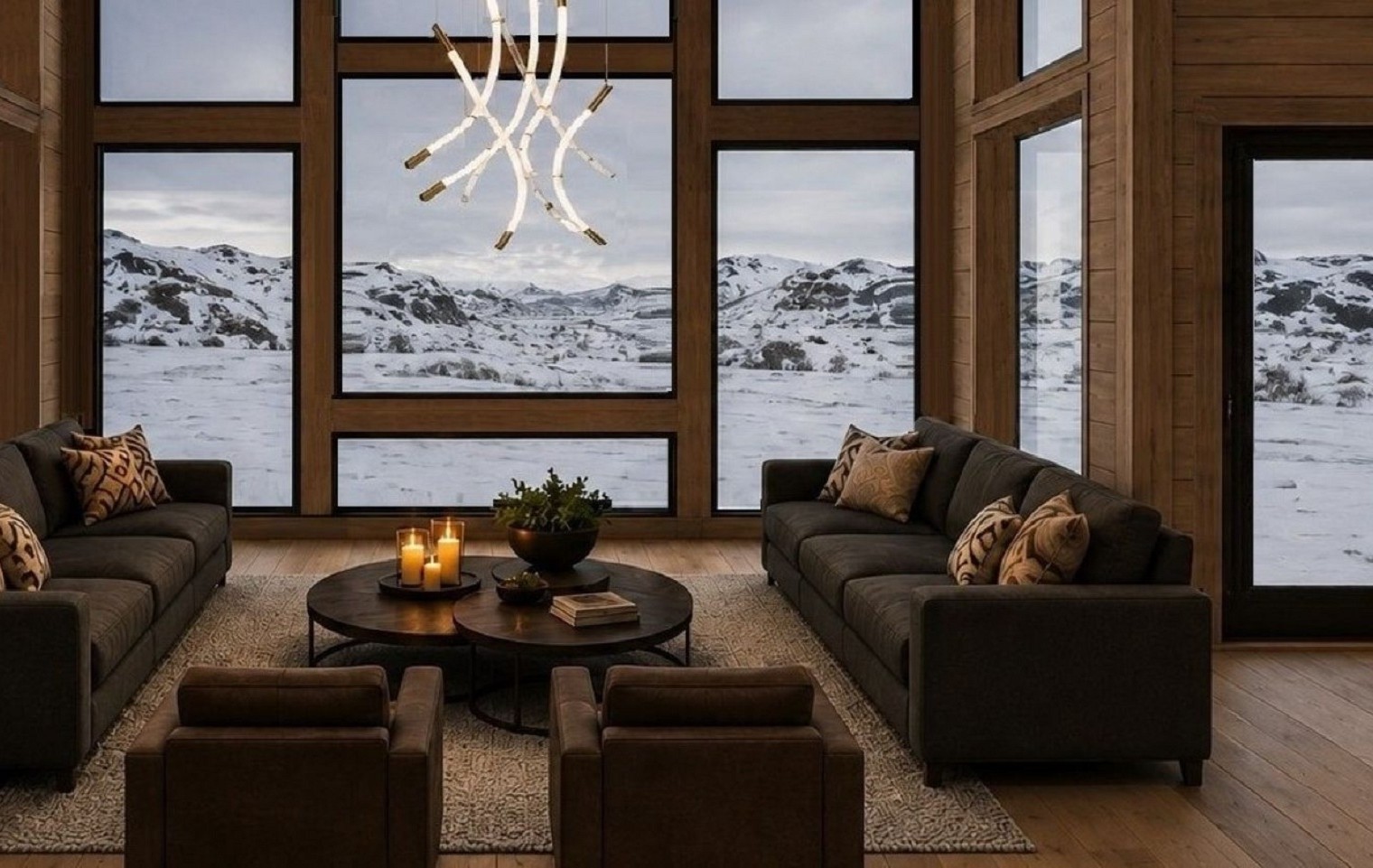 26. Stuas sofa sone omrammes av store vindusflater til fjellnaturen. Inspirasjon Hytte TTH Beito 176