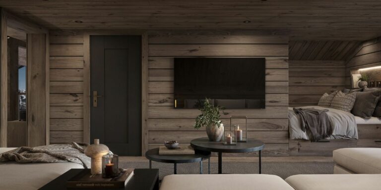 101. På ene langsiden i stua, innebygd seng-daybed, TV og dør til badet. Fritidsbolig – Hytte TTH Kvitfjell 222.