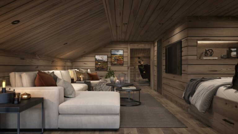 102. Loftstua med sofaplass og koselig innbygd seng-daybed. Fritidsbolig – Hytte TTH Kvitfjell 222.