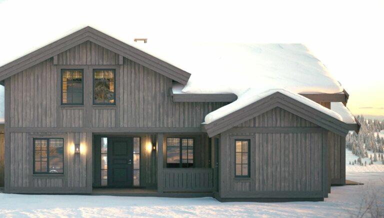 202. Overbygd inngangsparti med liten svalgang til sportsboden og en utvendig bod. Fritidsbolig- Hytte TTH Kvitfjell 222.