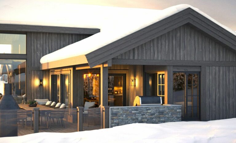 206. Takoverbygg på terrassen utenfor spisestua med avsatt plass til grill og annet utstyr. Fritidsbolig-Hytte TTH Kvitfjell 222