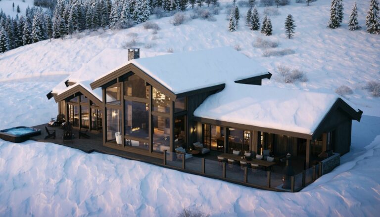 209. Spisestue, stue og soverom med store vindusflater mot utsiktsiden. Fritidsbolig – Hytte TTH Kvitfjell 222.