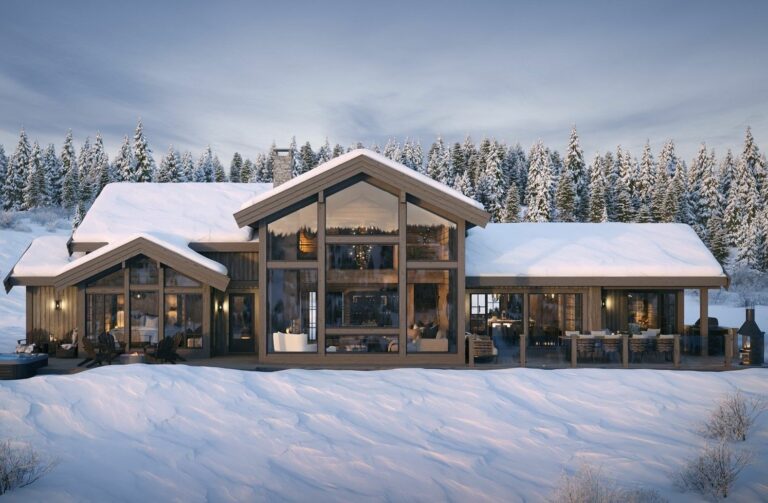 21. Utsiktsidens flotte fasade med store åpne vindusflater. Fritidsbolig – Hytte TTH Kvitfjell 222.