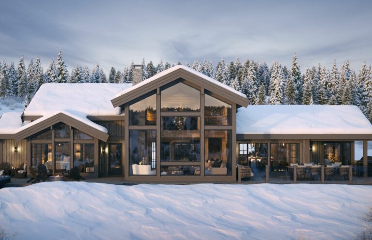 216. Utsiktsidens flotte fasade med store åpne vindusflater. Fritidsbolig – Hytte TTH Kvitfjell 222.