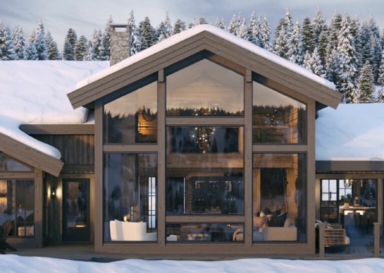 217. Fasaden mot stua og galleriet på loftsplanet. Fritidsbolig – Hytte TTH Kvitfjell 222.