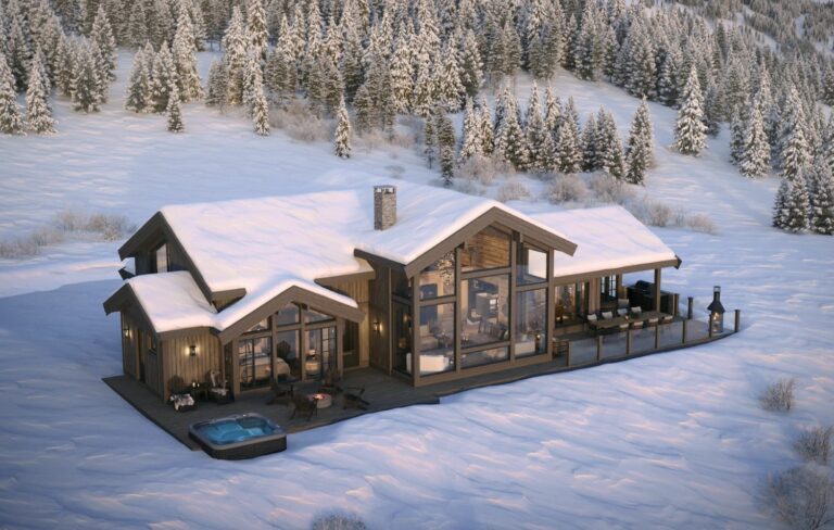 220. Utsiktsidens flotte fasade med store åpne vindusflater. Fritidsbolig – Hytte TTH Kvitfjell 222.