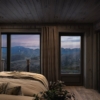 47. Hytteinteriør mastersoverom med vidstrakt utsikt gjennom store vindusflater Hytteinspirasjon Norefjell 1-314.