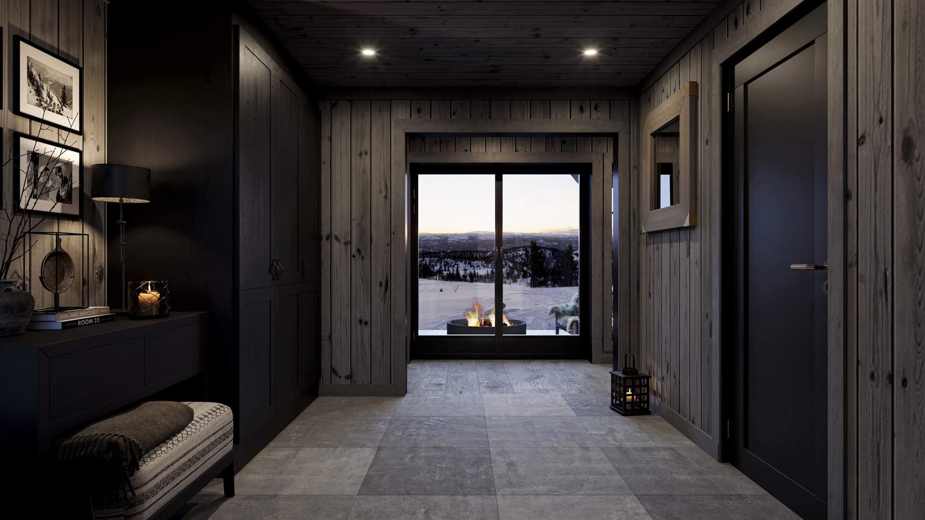 100 Velkomst til hytta med stemningsfulle bålflammer og vinterlandskap i front – Hyttemodell Geilo 155