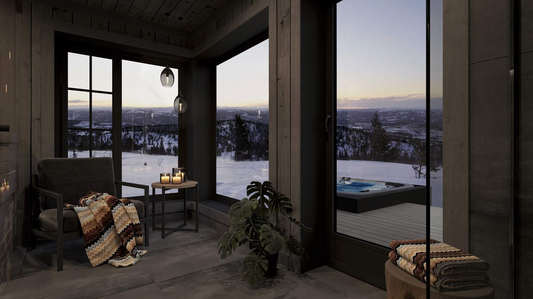 18 Spabadet med relaxavdeling mot fjell landskapet – Hyttemodell Geilo 155